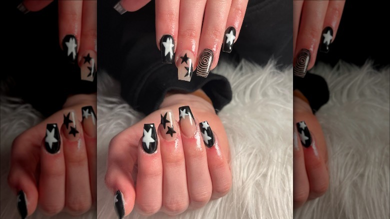 Midnight Black and Chrome Star Nails